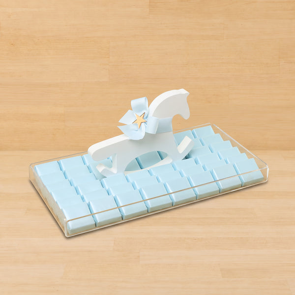 Baby boy chocolate medium acrylic tray with a wooden horse design