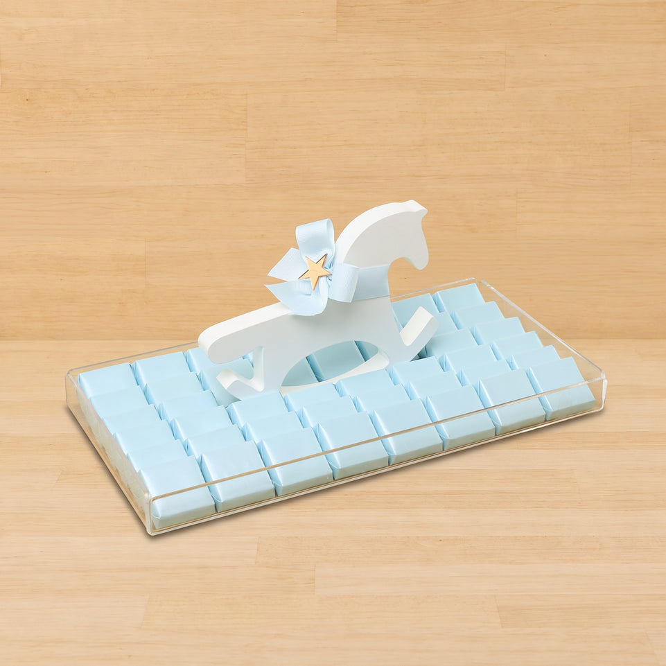Baby boy chocolate medium acrylic tray with a wooden horse design