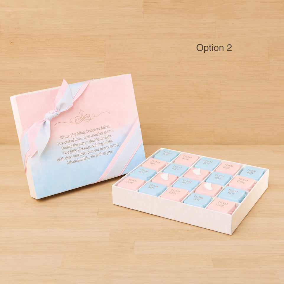 Gender reveal theme personalized chocolates box with ribbon
