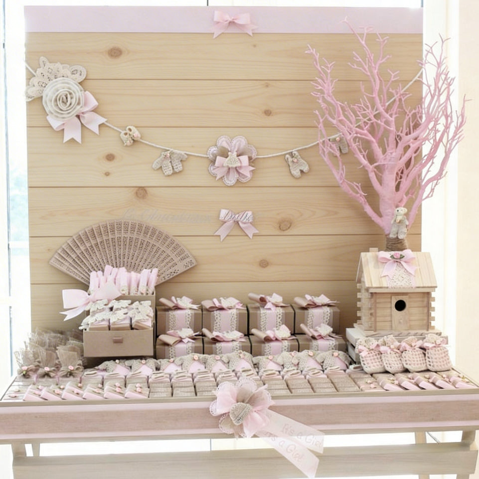 Baby rustic theme crochet decorated chocolate wood stand with customized backdrop.