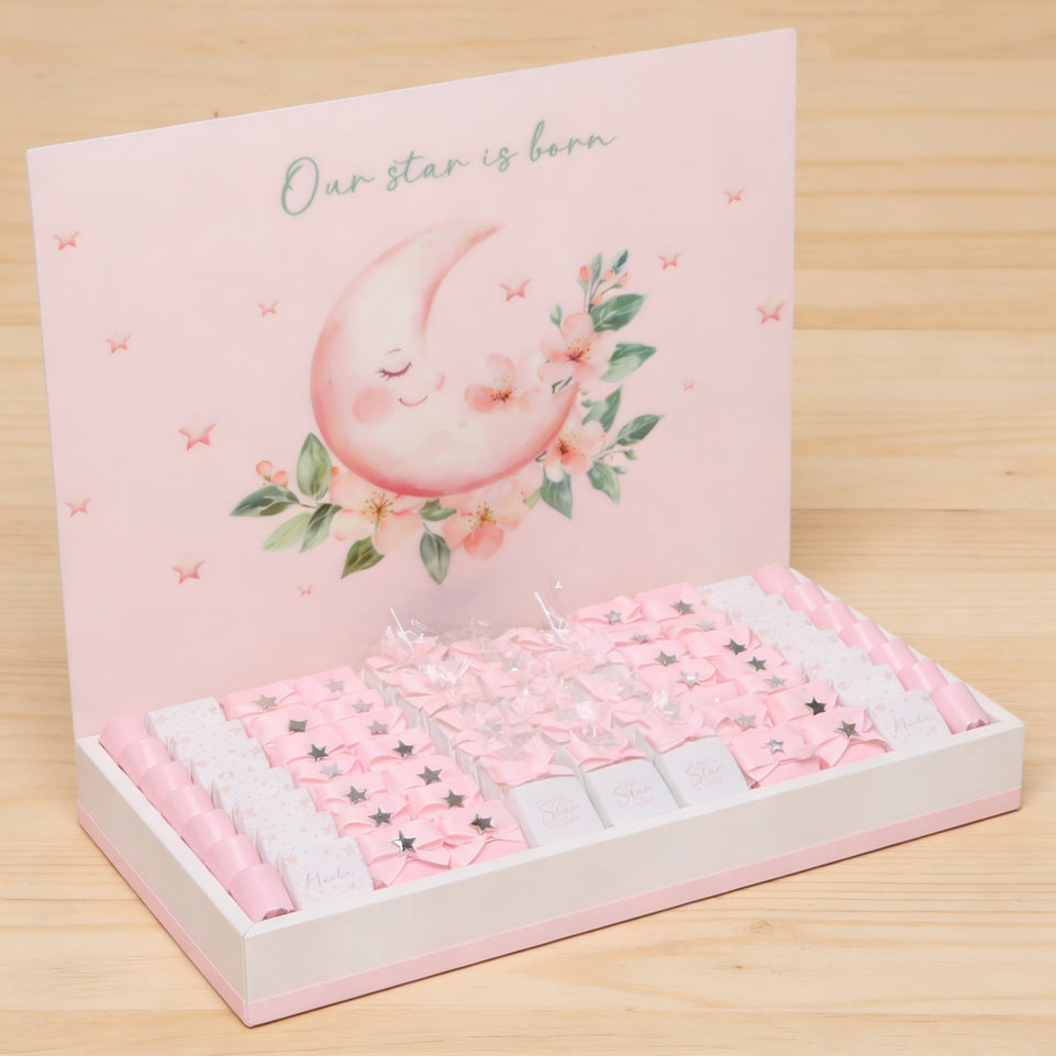 Baby Girl moon star designed chocolate medium leather tray with personalized designed acrylic backdrop.
