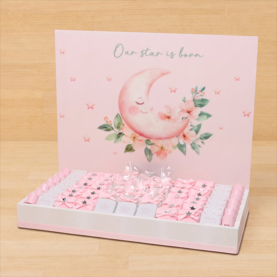 Baby Girl moon star designed chocolate medium leather tray with personalized designed acrylic backdrop.