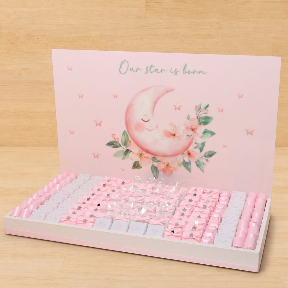 Baby Girl moon star designed chocolate large leather tray with personalized designed acrylic backdrop.