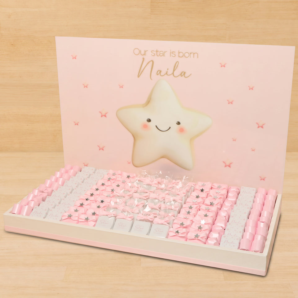 Baby Girl personalized star theme chocolate large leather tray with personalized designed acrylic backdrop.
