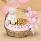 Baby girl teddy designed premium chocolate large basket with balloons