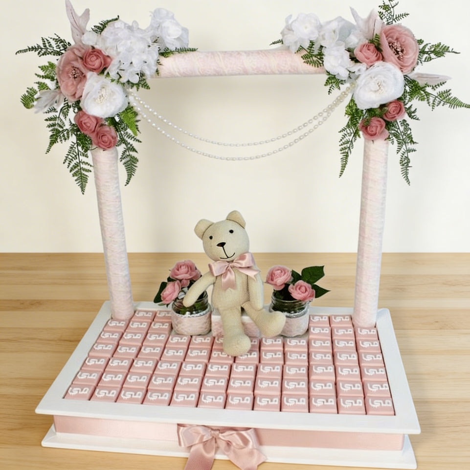 Teddy bear floral chocolate wood tray with flower backdrop