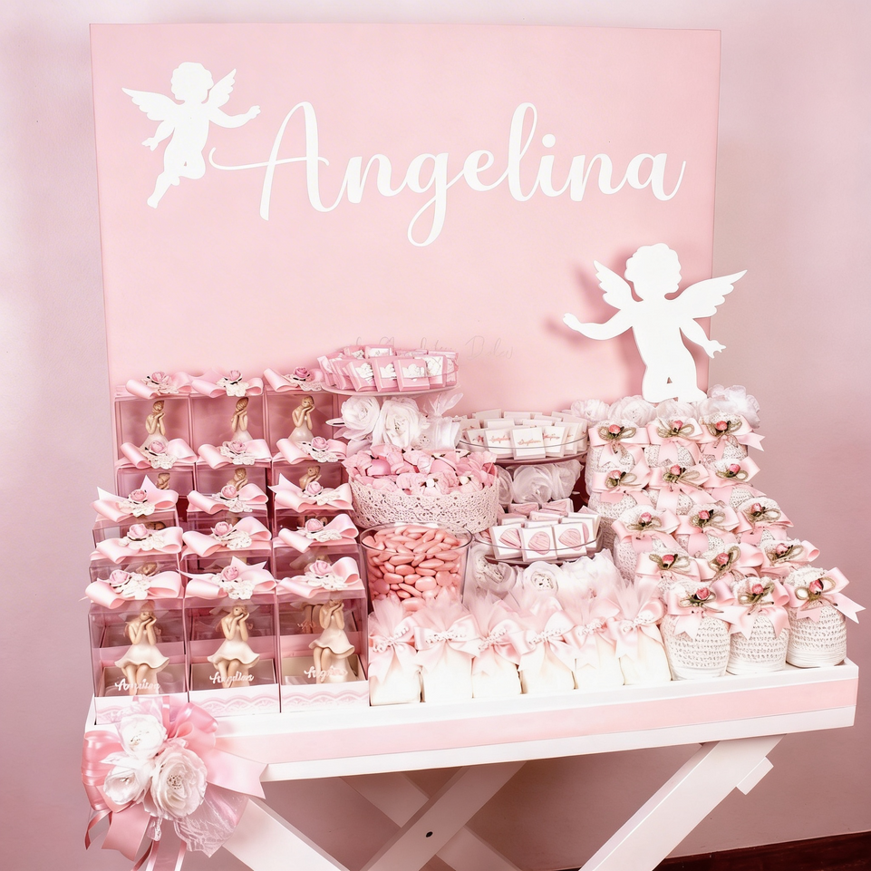 Baby angel personalized crochet decorated chocolate wood stand with personalized backdrop.