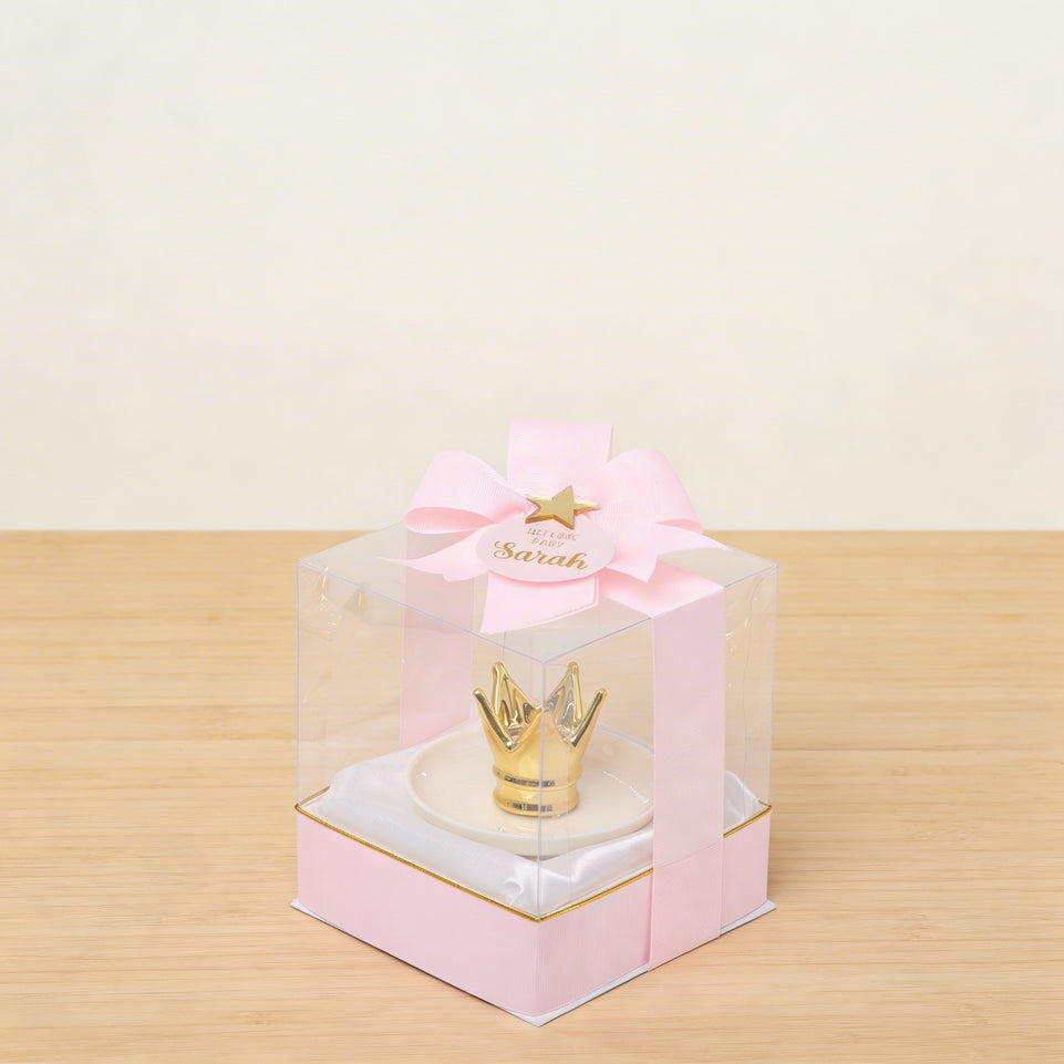 Set of 20 Welcome baby personalized ceramic crown holder clear box