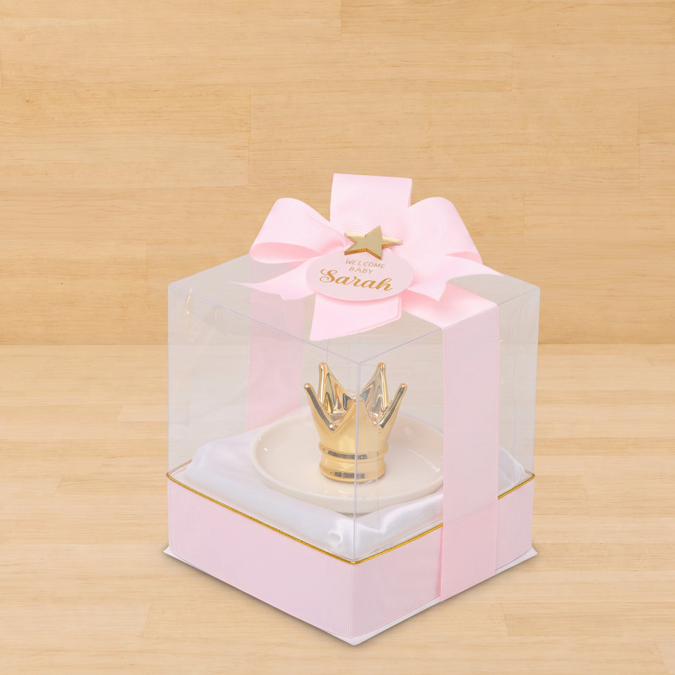 Set of 20 Welcome baby personalized ceramic crown holder clear box