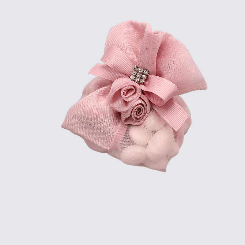 Set of 20 Flower & rhinestone decorated almond dragees bag