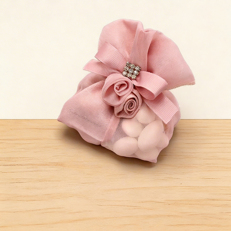 Set of 20 Flower & rhinestone decorated almond dragees bag
