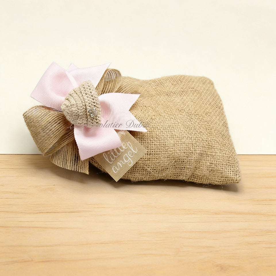 Set of 20 Baby girl crochet hat decorated chocolate jute bag