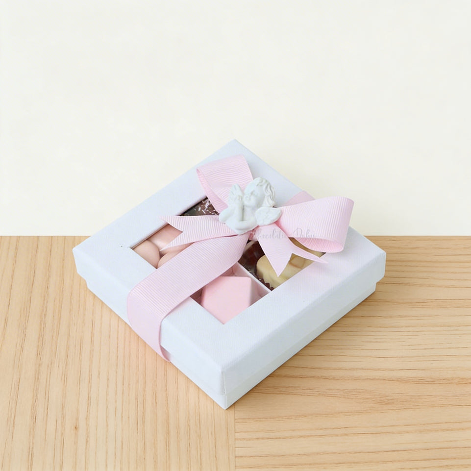 Set of 20 Baby girl chocolate & almond dragees view top box