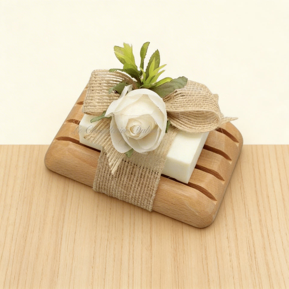Crochet decorated natural olive oil soap with a pine wood dish