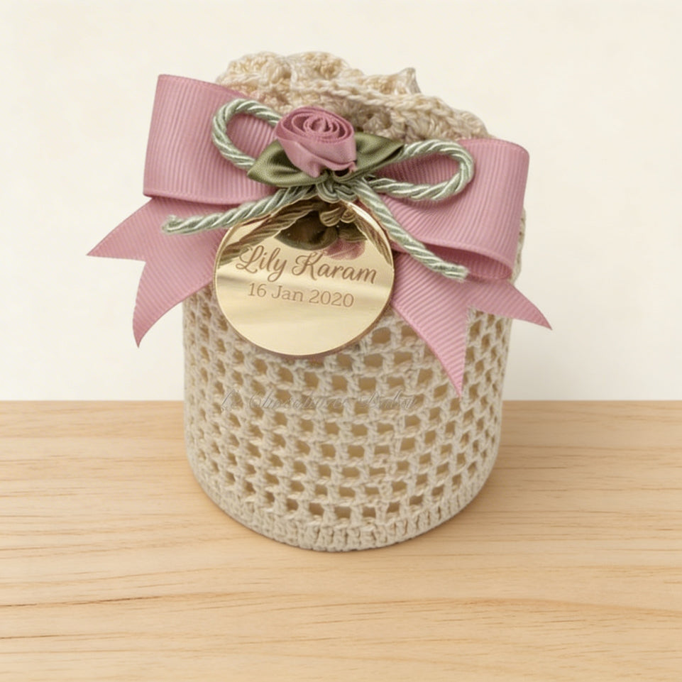 Set of 20 Baby personalized decorated candle crochet bag