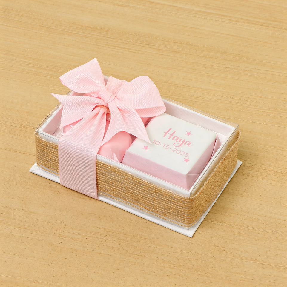 Set of 20 Baby girl personalized premium chocolate & almond dragees view top box