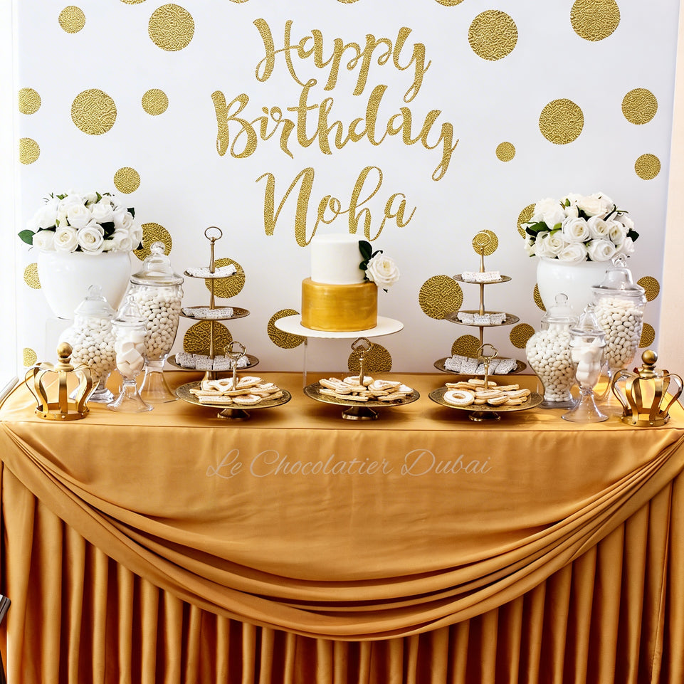 Birthday gold white dessert / sweets table