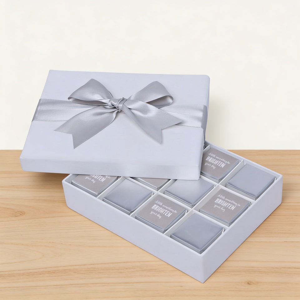 "Brighten your day" classic silver designed 12-piece premium chocolate hard box