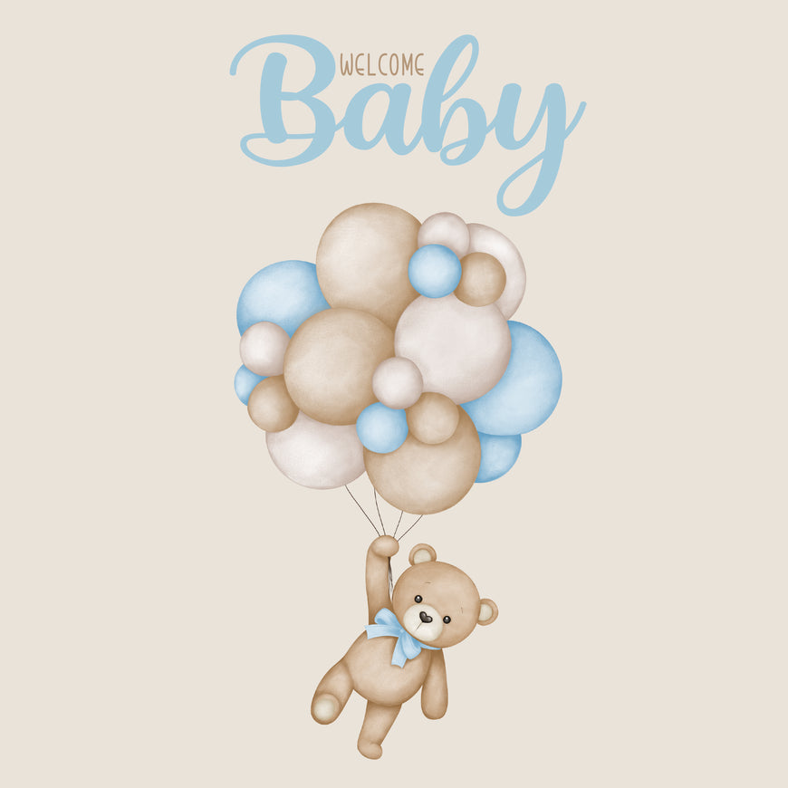 Baby boy teddy bear holding a balloon bunch greeting card