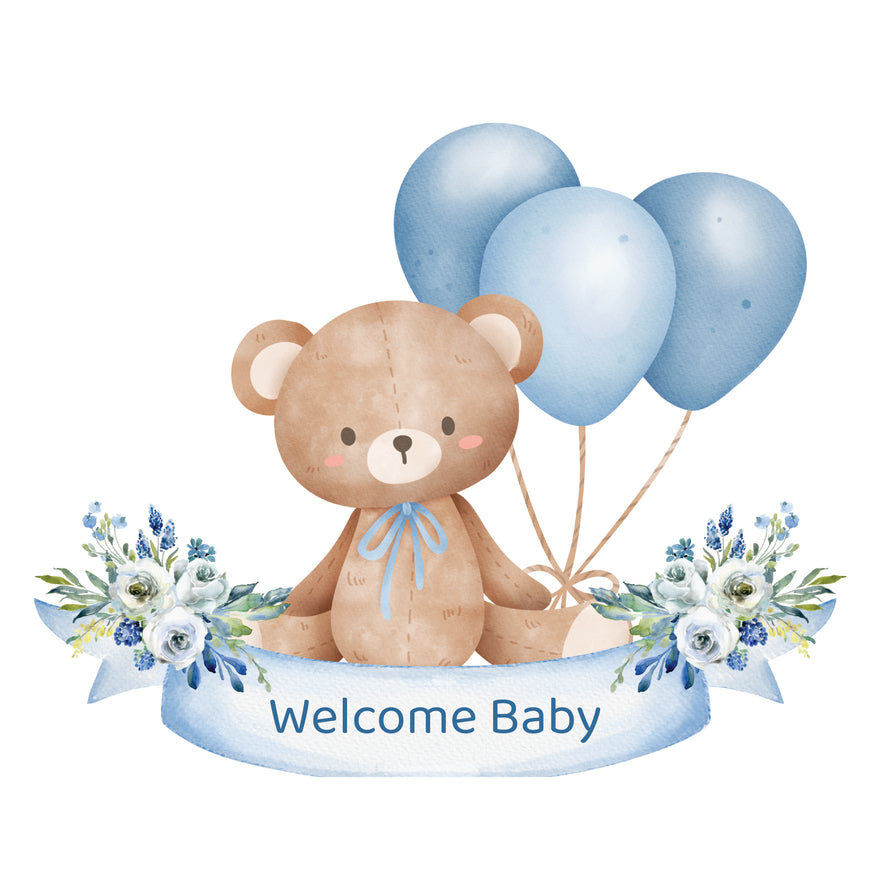 Baby boy teddy holding balloons floral greeting card