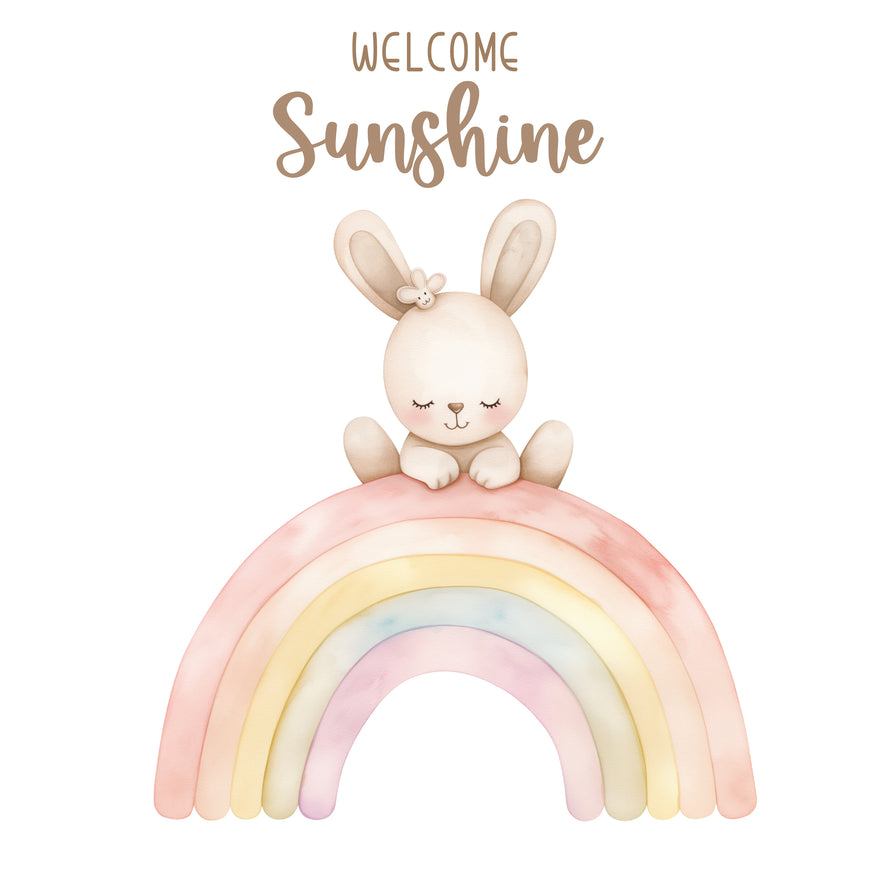 Baby girl bunny sitting on rainbow welcome sunshine greeting card