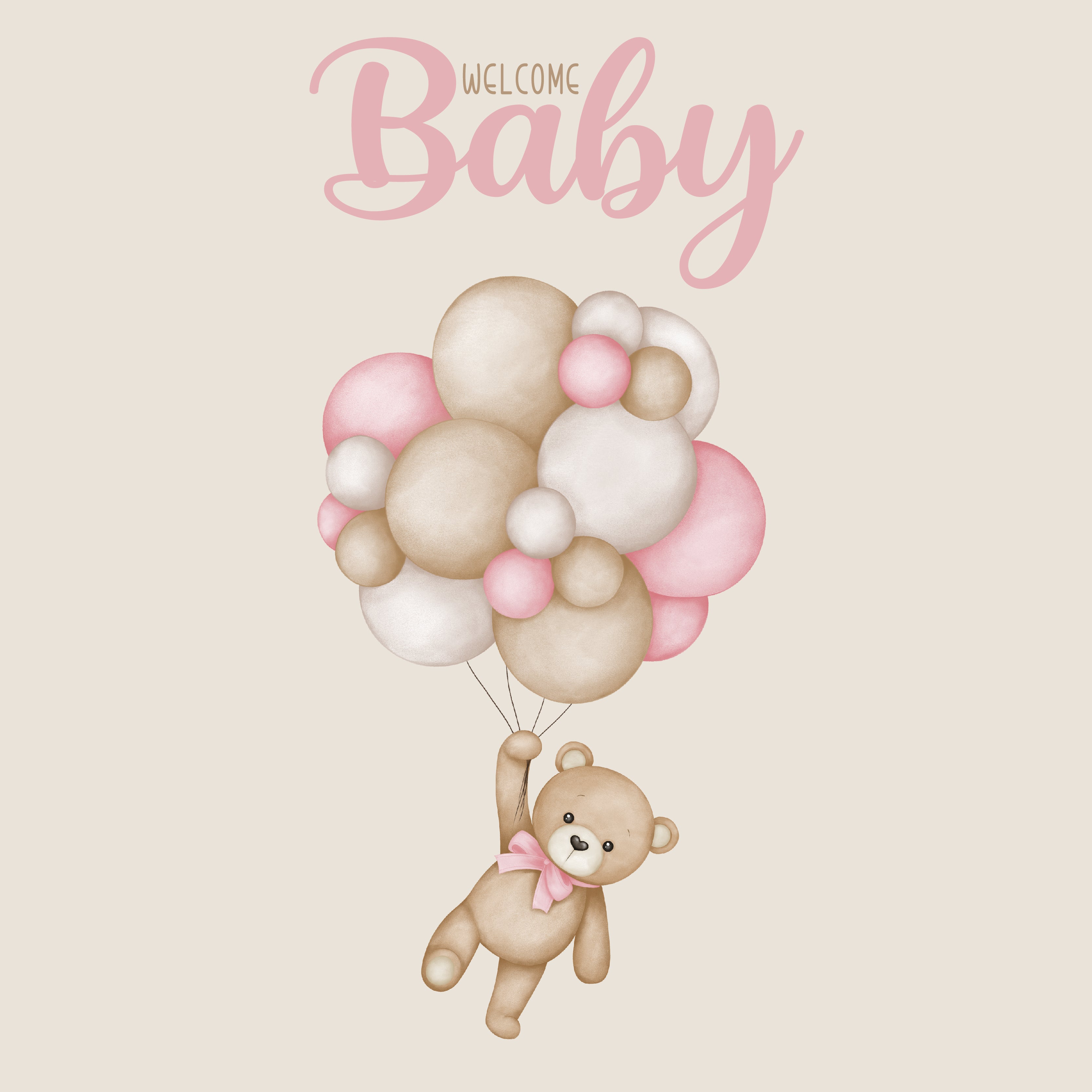 Baby girl teddy bear holding a balloon bunch greeting card