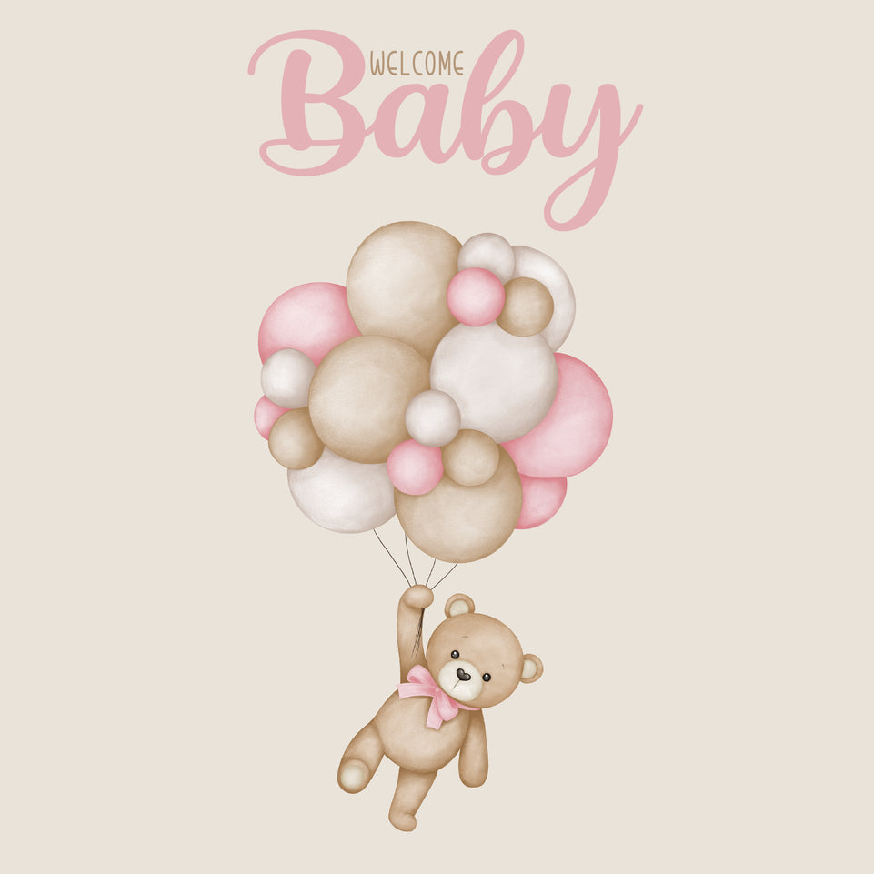 Baby girl teddy bear holding a balloon bunch greeting card  g