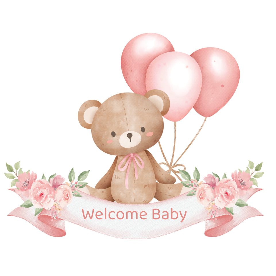 Baby girl teddy holding balloons floral greeting card