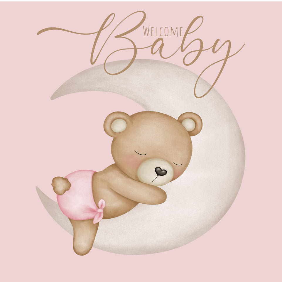 Baby girl teddy sleeping on moon greeting card