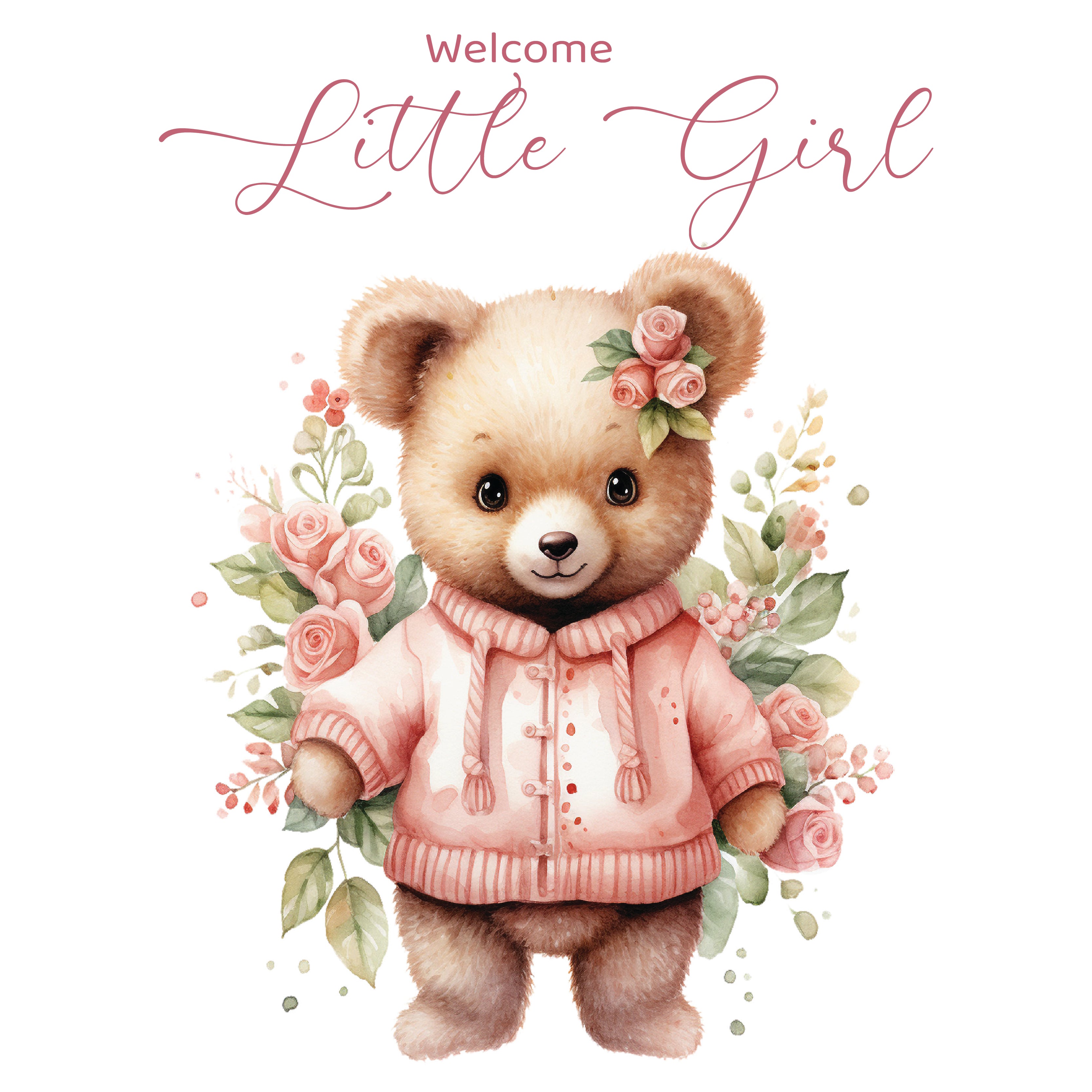 Baby girl teddy wearing sweater floral greeting card