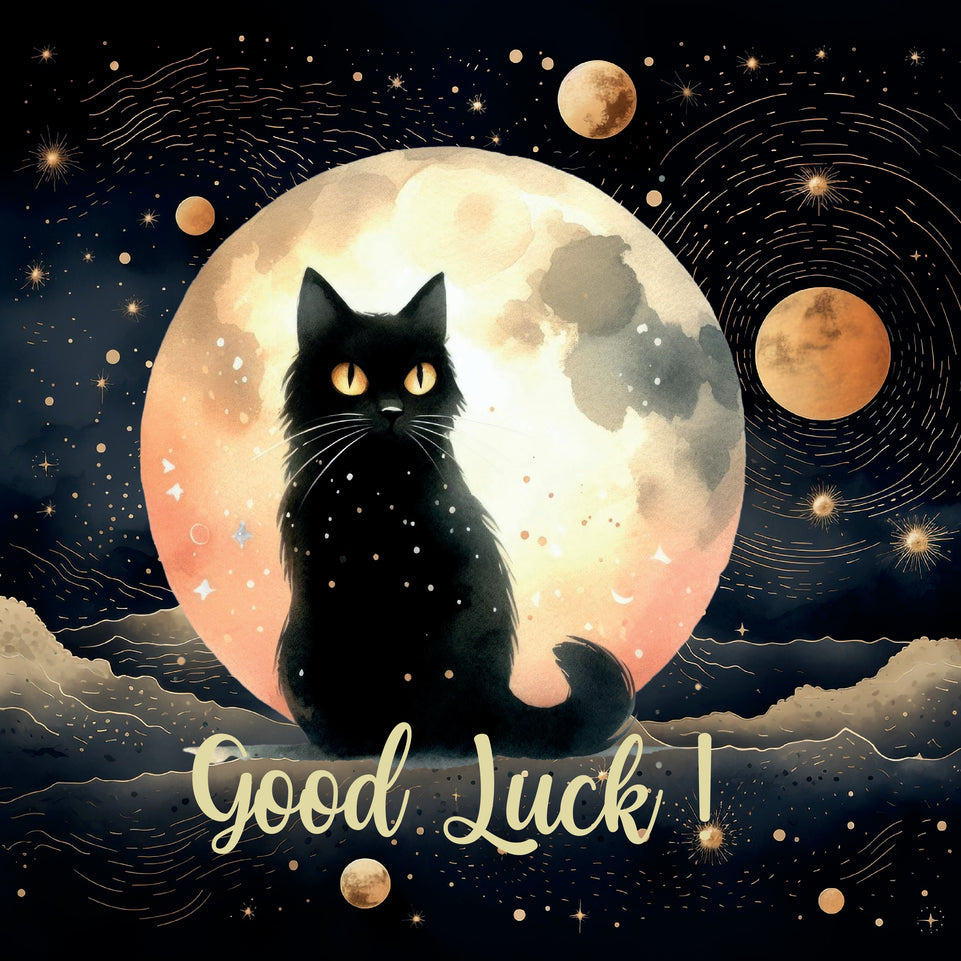 Black cat at night good luck greeting card