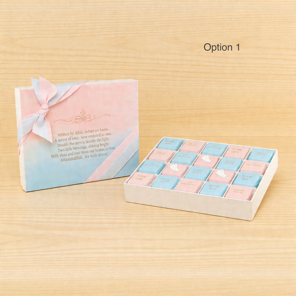 Gender reveal theme personalized chocolates box with ribbon