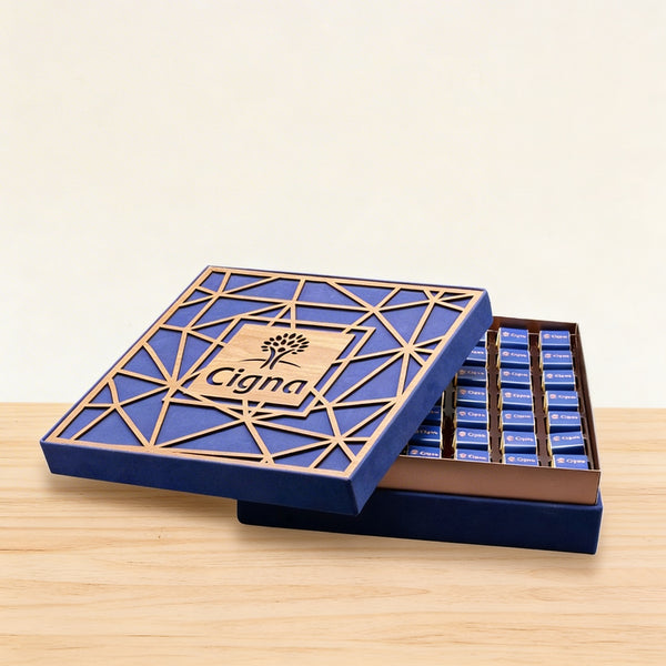 Corporate branded laser cut wood chocolate hard box
