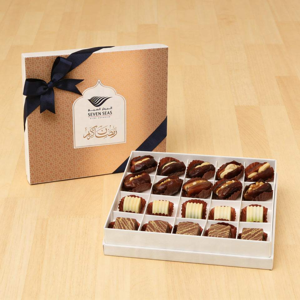 Set of 3 Corporate customized Ramadan Mubarak designed premium chocolate & dates 20P hard box