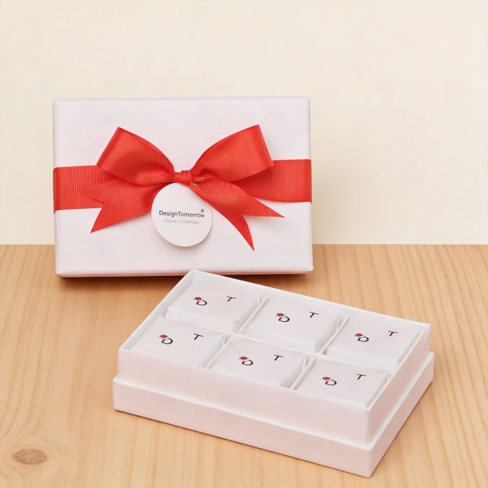 Set of 8 Corporate branded 6-piece premium chocolate hard box with ribbon