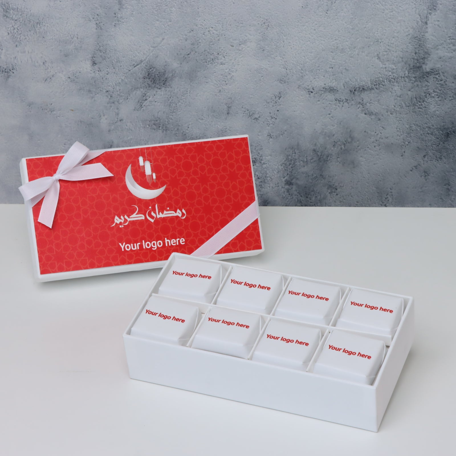 Set of 6 Corporate customized Ramadan design branded chocolate 8-piece hard box