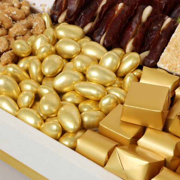 Ramadan Kareem lantern designed chocolate & sweets medium leather tray with designed acrylic backdrop.