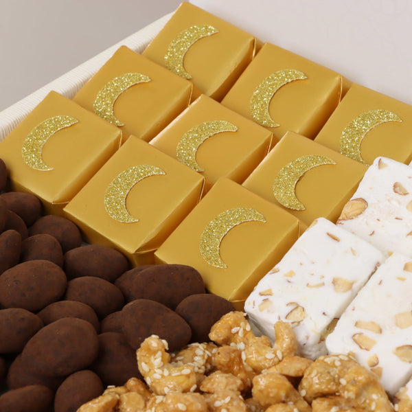 Ramadan Kareem lantern designed chocolate & sweets medium leather tray with designed acrylic backdrop.