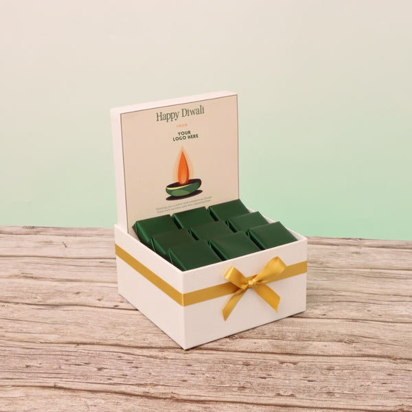 Corporate customized diwali candle green designed premium chocolate small hamper