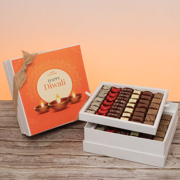 Corporate customized happy diwali golden candle designed premium chocolate 2-layer hard box