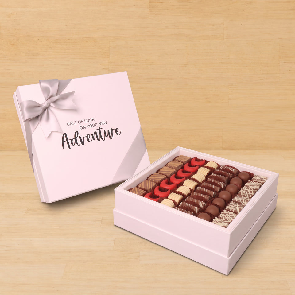 Good luck on your new adventure designed premium chocolate one layer hard box