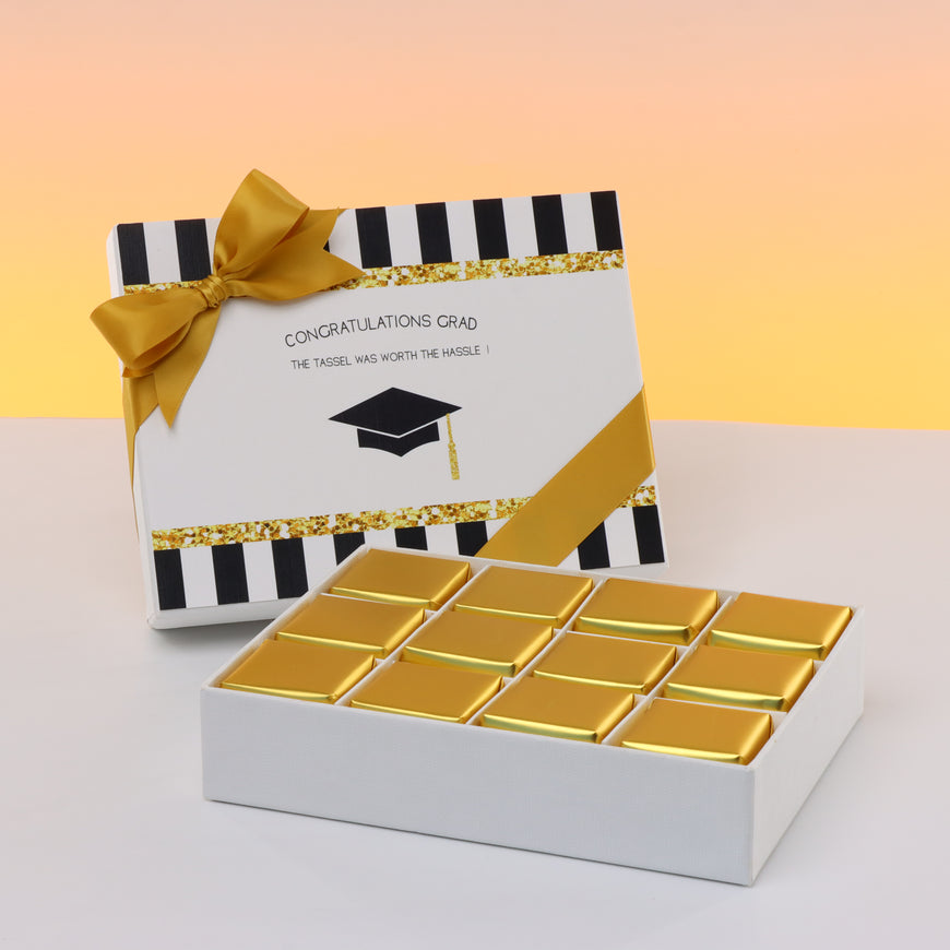 Graduation designed 12-piece chocolate hard box with designed top card