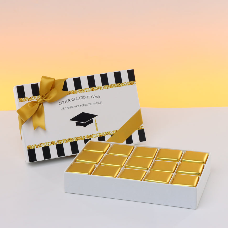 Graduation designed 15-piece chocolate hard box with designed top card