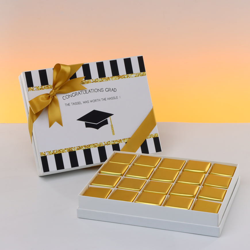 Graduation designed 20-piece chocolate hard box with designed top card