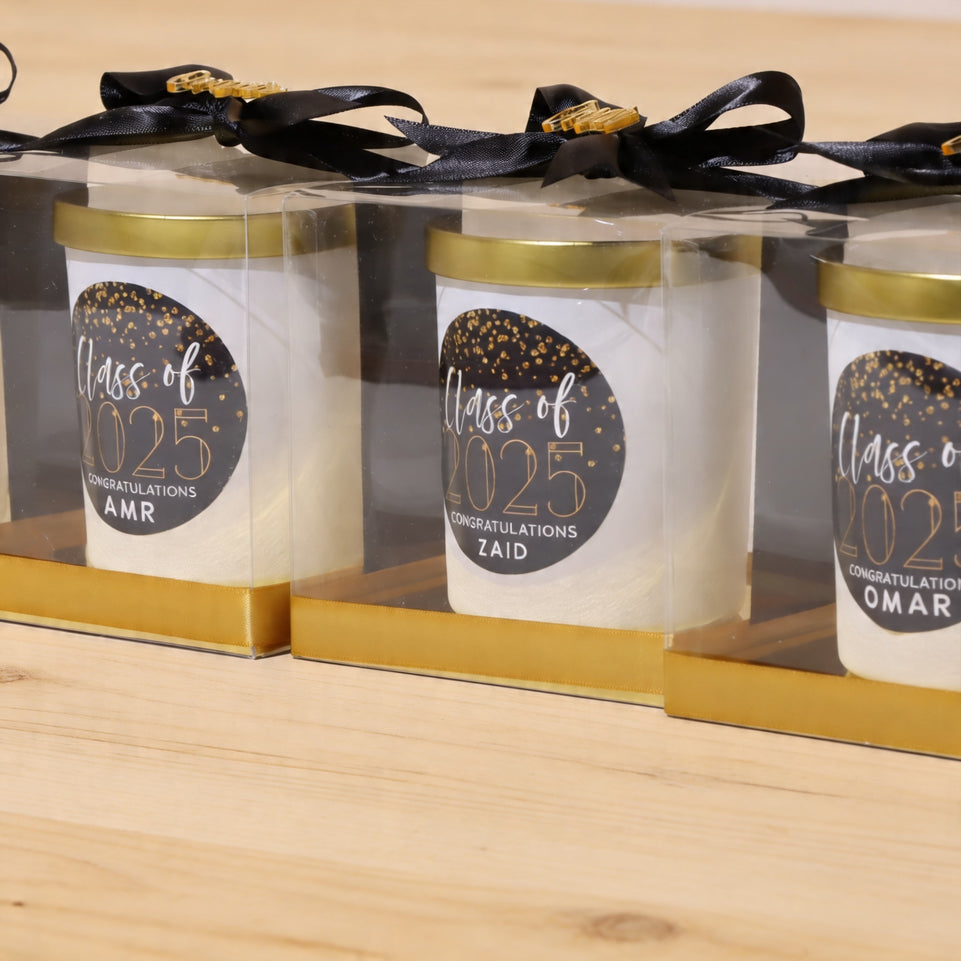 Set of 20 Graduation designed scented glass candle clear box giveaway