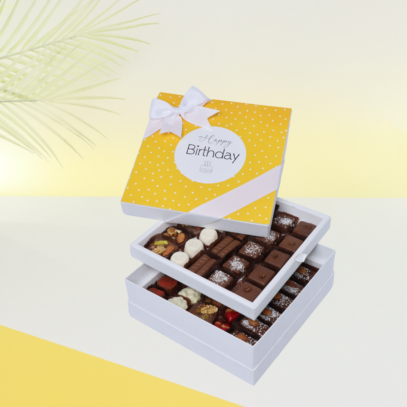 "Happy birthday" yellow polka dot designed 2-layer chocolate hard box