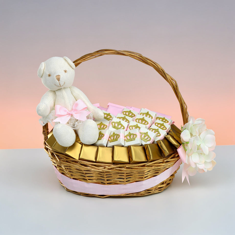 Teddy bear crown baby girl chocolate medium basket