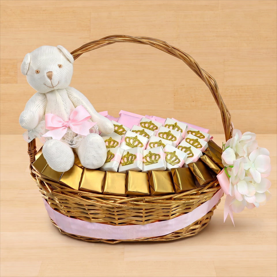 Teddy bear crown baby girl chocolate medium basket
