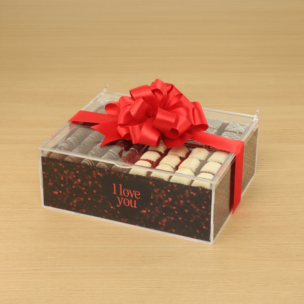 "I love you" shimmering hearts design premium chocolate gift acrylic box