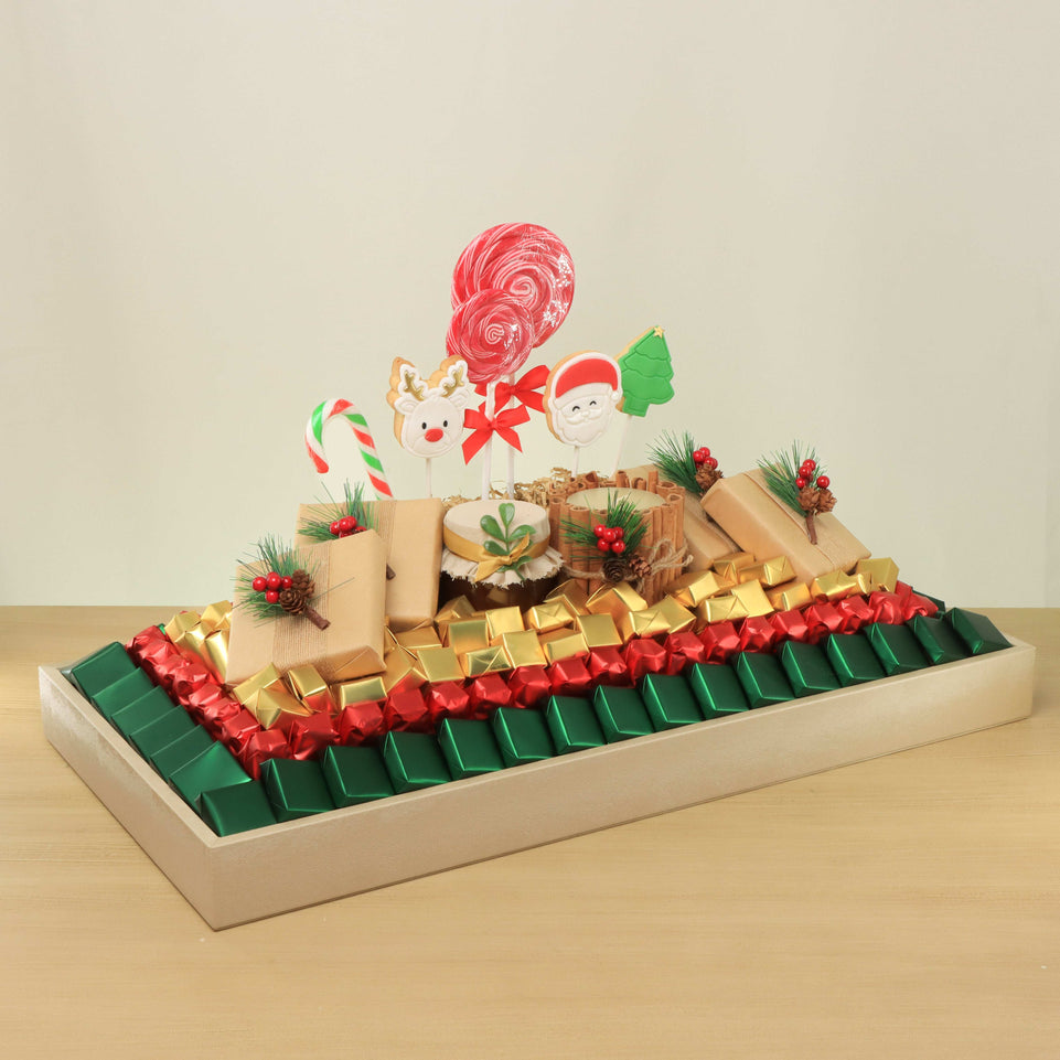 Christmas jolly decorated premium chocolate, cookies & sweets large leather tray